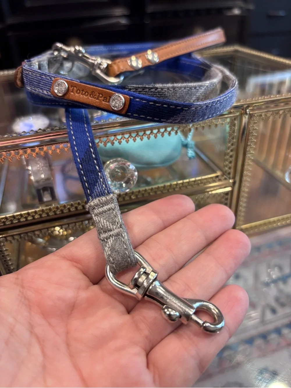 Toto & Pal Blue Plaid Dog Leash with Swarovski Crystals